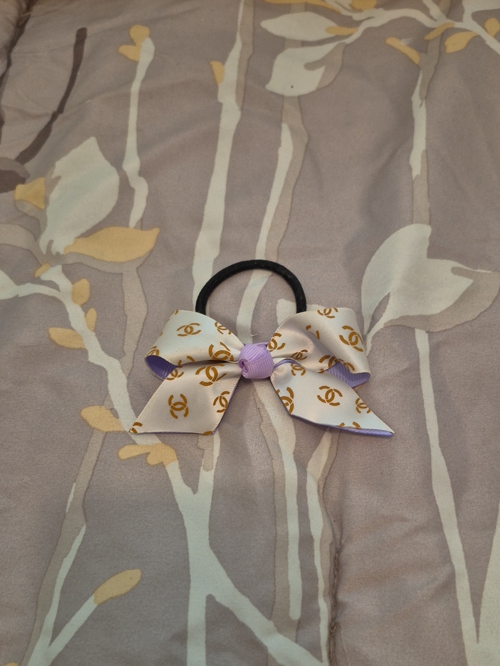 White and Lilac Bow Hair Tie with Gold Accent
